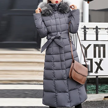 DIHOPE 2020 m. Naujas Stiliaus Madinga Kailio Moterų Žiemos Striukė Medvilnės Paminkštintas Šiltas Maxi Puffer Coat Lady Ilgi Paltai Parko Femme Striukė
