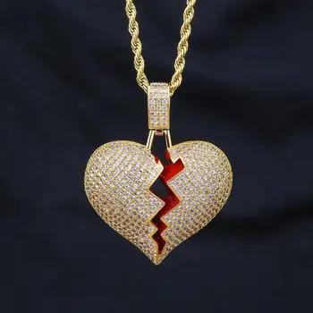 DNSCHIC Broken Heart Pendant Karoliai Hip-Hop ' Bling Kubinių Zirconia (CZ Lediniame Iš Pakabukas Su 3mm Aukso Pasukti Virvę Grandinės