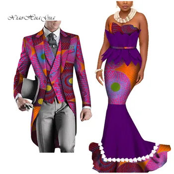 Dashiki Afrikos Porą Drabužių Moterų Suknelė+vyriški Švarkas&Liemenė 3 Gabalus Nustatyti Afrikos Undinė Spausdinti Suknelės Poroms WYQ425