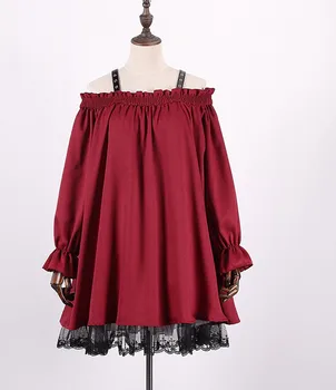 Derliaus Gothic Lolita Dress Moterų Off Peties, Juosmens Korsetas PU Diržo Nėrinių ilgomis Rankovėmis Ragana Vyno Raudona Suknelė Waistbelt Vestidos