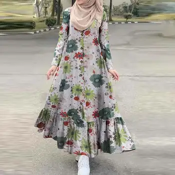 Derliaus Patikrinti Musulmonų Suknelė Moterų Rudenį Sundress 2021 ZANZEA Atsitiktinis ilgomis Rankovėmis Pynimas Vestidos Moterų Mygtuką Spausdinti Skraiste, 5XL