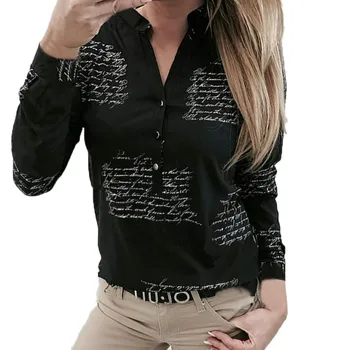 Didelio Dydžio V-Kaklo Marškinėliai Moterims Raidėmis Spausdinimo Mygtuką Palaidinė Juoda Spalva Moterims ilgomis Rankovėmis Prarasti Viršūnes Blusas Mujer /PT