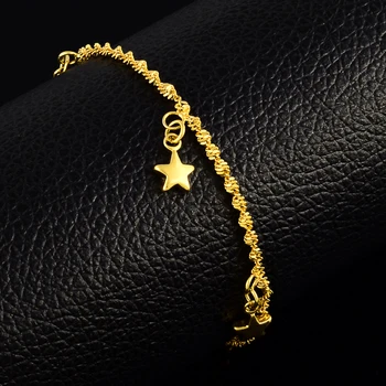 Didmeninė gryno aukso spalva 2mm banga grandinę su žvaigždėmis žavesio apyrankę, Moterys / merginos 18cm ilgio. 24K Aukso GP Moterų Papuošalai