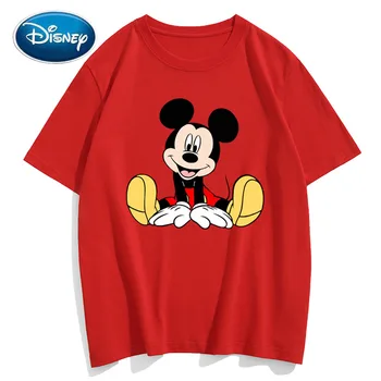 Disney Marškinėliai Elegantiškos Mados Mielas Peliukas Mikis Spausdinti O-Kaklo Megztinis Trumpomis Rankovėmis Tee Porų Vienodų Moterų Marškinėliai Topai 10 Spalvų