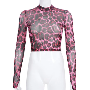 E Mergina Rožinė-Leopardas Nėrinių Vien Apkarpyti Viršūnes marškinėliai Moterims, Vasarą, Rudenį Viršūnės T 2020 Streetwear Šalis Ilgą Šifono Rankovėmis Marškinėlius
