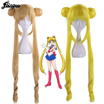 Ebingoo Sailor Moon Dvigubai plaukai surišti į uodegą Ilgi Tiesūs Šviesūs, Citrinos Geltonumo Sintetinių Cosplay Perukas Helovinas Kostiumas Šalis