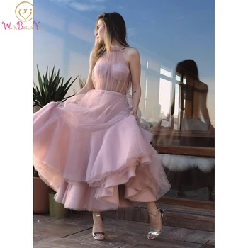 Elegantiška Prom Dressses Rožinės spalvos Tiulio Kulkšnies Ilgio Aukšto Kaklo Iliuzija Rankovių Linija Vakare Gown vestido de graduacion largo