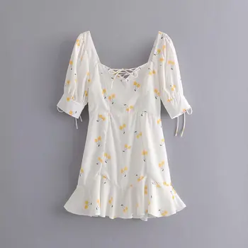 Elegantiška vintage vasaros moterų balta suknelė geltona cherry dirželis sluoksniuotos rankovėmis aukštos juosmens šilko pamušalas-kaip paplūdimio mini suknelė mergaitėms
