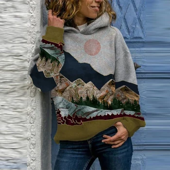 Elegantiškas Modelis Kraštovaizdžio Spausdinti Vilnos Hoodie Moterims Rudens Žiemos Ilgomis Rankovėmis Su Gobtuvu Viršūnes Puloveris Laisvalaikio Megztiniai