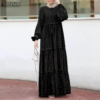 Elegantiškas Spausdinti Pynimas Suknelė Moterų Musulmonų Sundress ZANZEA Atsitiktinis Sluoksniuotos Rankovėmis Maxi Vesitdos Moterų Sluoksniuotos Spausdinti Drabužius, Plius Dydis