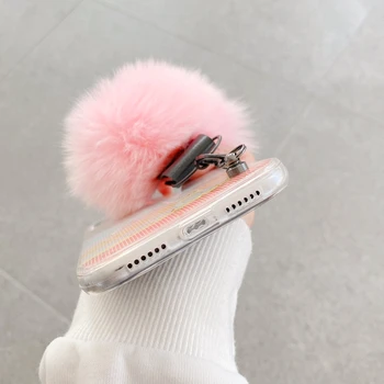 Epoksidinės Blizgučiai Blizgančiais Geometrinis Rožinė Atveju iPhone, 12 Mini Pro 11 XS Max XR Saldainiai Spalvų Pliušinis Kailis Kamuolį Ranka Turėtojas Dirželio Dangtelį