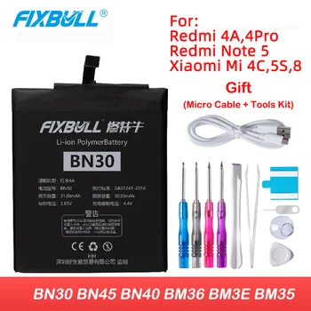FIXBULL BN30 BM35 BM3E BM36 BN40 Baterija Xiaomi Redmi 4A 4C 8 4 Pro Note5 Mi 5S Telefonas Pakeitimo Baterijas + Nemokamas Įrankiai