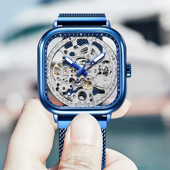 FORSINING Vyrų Tuščiaviduriai Dizaino Žiūrėti Mėlyna Mens Laikrodis Tinklelio Diržo Paprastas Stilius Verslo Vyrų Laikrodis 2020 Naujausias
