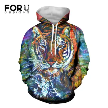 FORUDESIGNS Spalvinga Tigras Modelis Vyrų Rudens-Žiemos Ilgos Hoodies Vyrų Negabaritinių Marškinėlius 3D Gyvūnų Viršūnes Unisex Pati