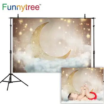 Funnytree Baby Shower Naujagimių Photophone Fotografijos Fonas Aukso Blizgučiai Mėnulį, Žvaigždes, Debesis Fone, Photocall Foto Studija