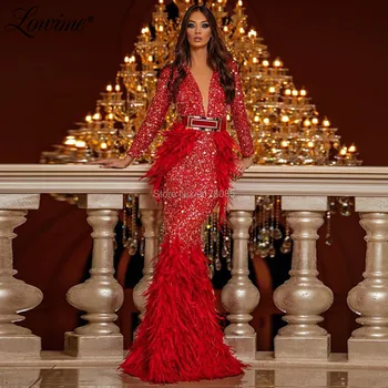 Giliai V Kaklo Raudona Plunksna Undinė Vakaro Suknelės Blizgančiais 2020 Chalatas De Soiree Arabų Kaftans Maroko Įžymybė Šalies Prom Dress