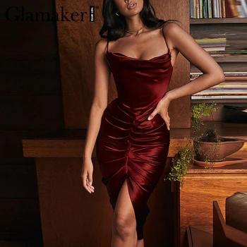 Glamaker Sexy satin rankovių bodycon suknelė Šalies klubas raudona vakarienė sundress Moterų elegantiškas Sūpynės apykaklės shir slim suknelė vestudos
