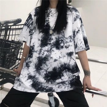 Harajuku Trumpas Rankovėmis Moteriška Vasaros T-Shirt Hip-Hop Gradientas Tie Dažai Prarasti Tee Thirt Vidutinio Ilgio Korėjos Atsitiktinis Marškinėlius