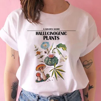 Harajuku Ulzzang Moterų marškinėliai Trumpas rankovėmis Viršūnes Tees T-shirt Moterims, Juoda Balta Haliucinogeninių Augalų Raštais, Laisvas, Įdomus, T-shirt