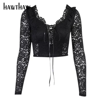 Hawthaw Moteris Rudens-Žiemos Long Sleeve Lace Black, Gothic Tvarstis V Neck Slim Trumpas Topai Marškinėliai 2020 M. Rudenį Drabužių Streetwear
