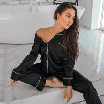 HiLoc Juoda Satino Pajama Nustatyti Ilgomis Rankovėmis Namų Kostiumas Moterims Rinkiniai Sleepwear Seksuali Moteriška Pižama Elegantiškas 2021 M. Pavasarį Homewear