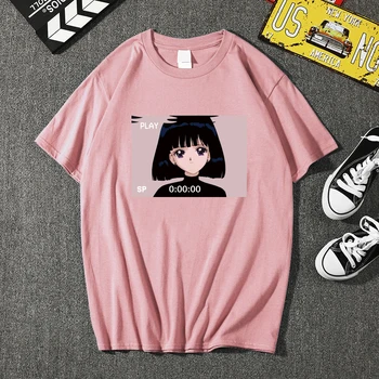 Hip-hop Retro Japonų Anime Vaporwave vyriški T-Shirt Unisex Liūdna Mergina Sailor Saturn Mėnulis Marškinėlius Harajuku Streetwear T Shirt Mens