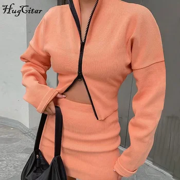 Hugcitar 2020 ilgomis rankovėmis megztinis su užtrauktuku sijonas 2 dalių komplektas rudens žiemos moterų mados streetwear striukė tees transuit