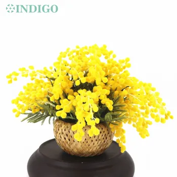 INDIGO - Geltona Mimoza Puokštė Gėlių kompozicijų (1Set Su Bambuko Krepšelio) Dovana Dirbtinis Arbatos Stalo Bonsai Renginio Puošmena