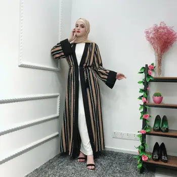 Islamo Drabužių Elegantiškas Musulmonų Abaja Moterų Kimono Ilgas Dryžuotas Chalatas, Nėriniai-up Open Cardigan Slim Jubah Hijab Caftan Dress turkijos