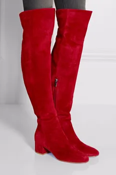 Išgalvotas Red Suede Blokuoti Kulnas Ilgi Batai Stilingų Moterų Tiesiog Dizainas, Apvalios Stambusis Kulno, Kelio Ilgi Batai Įžymybė Naują Atvykimo