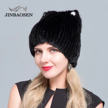 JINBAOSEN Žiemos moteriški audinės kailio kepurę megzti megztinis skrybėlę naujas mados kačių ausys stilius Europos ir Amerikos stiliaus slidinėjimo kepurės