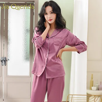 J&Q, Satino, Šilko Pajama 2019 Nauji 2vnt Sleepwear Lounge Suit Moterims Purple Elegantiškas, Blizgus Kvėpuojantis Raukšlių Atsparus Satino Pižama