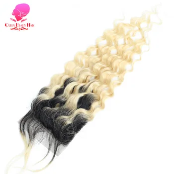 KARALIENĖ 1B 613 rusijos Blond Spalva Peru Plaukai Giliai Banga 3/4 Ryšulius su Uždarymo Ombre Remy Human Hair su 4x4 Nėrinių Uždaryti