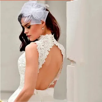 Kelio Ilgis Vestuvių Suknelė 2019 Linija, Baltos Aukštos Kaklo Appliqued Nėrinių Nuotakos Suknelės Boho Backless Trumpų Vestuvinių Suknelių trouwjurken