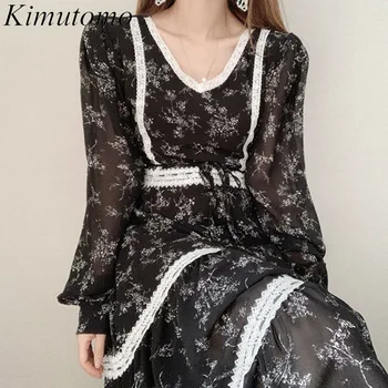 Kimutomo Elegantiška Vintage Suknelė Moterų V-kaklo, Nėriniai Kratinys Gėlių Spausdinti Plonas Juosmens Suknelė Mados Korėja Chic Pavasario Rudens 2021