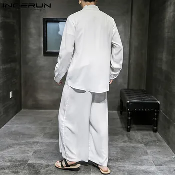 Kinų Stiliaus Vyrų Rinkiniai Derliaus Streetwear V-Kaklo, ilgomis Rankovėmis Marškinėliai Tango Kostiumas Atsitiktinis Pločio Kojų Kelnės Kietų Vyrų Kostiumas INCERUN S-5XL