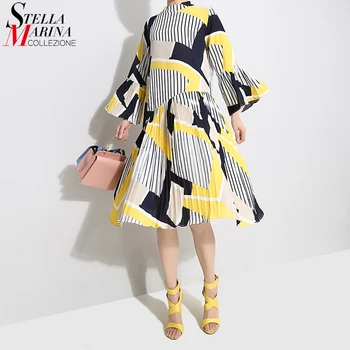 Korėjos Stiliaus Moteris Blyksnius Rankovės Atsitiktinis Geltona Plisuotos Suknelė Juostelės Spausdinti Office Lady Midi Elegantiškas Šalis Suknelė Skraiste Femme 4740