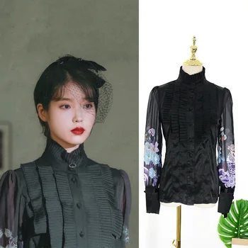 Kpop IU Lee Ji Eun naujas stovėti apykaklės, plisuotas juodos spalvos marškinėliai moterims Vakare šalies temperamentas Gėlių spausdinti ilgomis rankovėmis palaidinė ir topai