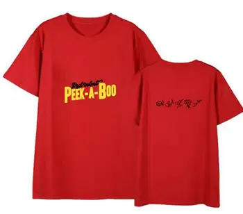 Kpop naują atvykimo raudonos aksomo peek-a-boo patį spausdinimą, o kaklas trumpas rankovės marškinėliai vasaros unisex stiliaus laisvi marškinėliai viršuje tees