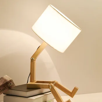 Kūrybos Robotas Formos Stalo Lempa LED EU/AU/JAV Plug Lanksčiai Reguliuojami Veidrodėliai Skaityti šviesaus medžio Audinio Naktiniai staleliai, Lempa Luminaria