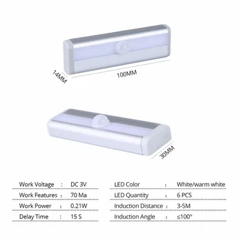 LED Šviestuvas Su Judesio davikliu 6 šviesos Diodų Naktinis Apšvietimas AAA Baterija Belaidis PIR Lempa Virtuvės Spinta Spinta Apšvietimas