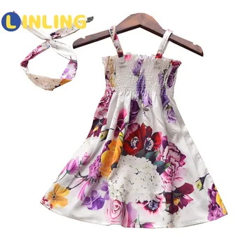 LINLING Europos ir Amerikos Stiliaus Mergina Dress Vasaros Drabužių Vaikams Drabužių Spausdintų Gėlių Stiliaus Rankovių Medvilnės V316
