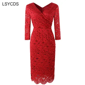 LSYCDS Raudona Suknelė Moterims ilgomis Rankovėmis V-Kaklo, Elegantiškas Gėlių Nėrinių Bodycon Pieštuku Office Suknelės Silm Seksualus Vestidos