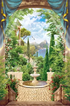 Laeacco Atogrąžų Sode Gėlių Vyno Fontanas Kalnų Medis Debesuota Vaizdingos Foto Fone Fotografijos Backdrops Fotostudija