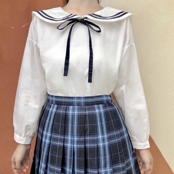 Lolita Sailor Stilių Rudenį Medvilnės Moterų Marškinėliai Ilgomis Rankovėmis Balti Marškiniai Viršuje Moterų Atsitiktinis Palaidų Kietas Vintage Palaidinė Marškinėliai