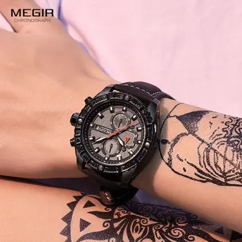 MEGIR 2021 Kvarciniai Laikrodžiai Vyrų Mados Prabangių Chronograph Watch Vyras Šviesos Vandeniui Odos Laikrodis Relogio Reloj Часы