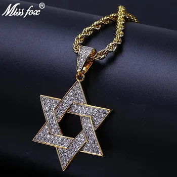 MISSFOX Hip-Hop Šešių Žvaigždė Davidas Formos Pakabukas Amuletas Pareiškimą Karoliai Tetragrammaton 24K Aukso PT Prabangos Prekės Talismanas Ilgai