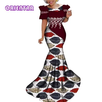Mados Afrikos Suknelė Moterims, Ilgą Šalis afrikos spausdinti suknelės su baltais Perlo Nėrinių Gėlių heidi bazin Riche Panele Ilga Suknelė WY284