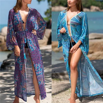 Mados Gėlių Spausdinti Paplūdimio Cover Up Suknelė-Tunika Ilgai Pareos Bikini, Padengti Ups Plaukti Padengti Iki Skraiste Plage Paplūdimio