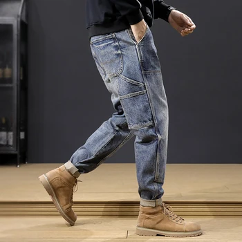 Mados Streetwear Vyrų Džinsai Retro Mėlyna Palaidi Tinka Spliced Dizaineris Džinsinio Krovinių Kelnės Plačios Kojos Kelnės Hip-Hop Haremas Džinsai Vyrams